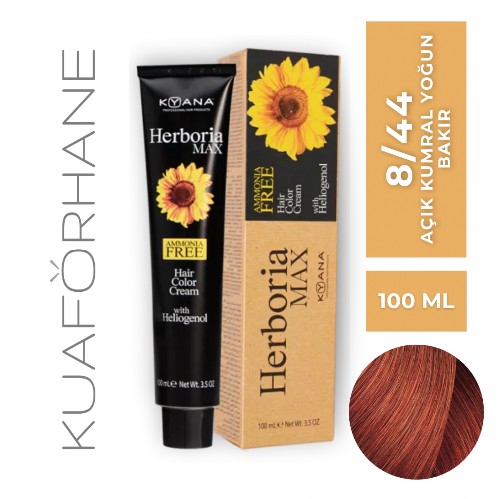 KYANA HERBORIA MAX AMONYAKSIZ SAÇ BOYASI 100 ML 8/44 AÇIK KUMRAL YOĞUN BAKIR